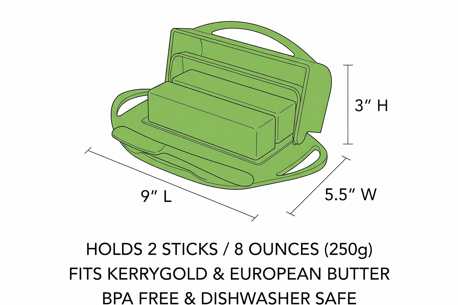 Butterie Flip Top Butter Dish with Attached Lid & Matching Knife - Holds 2 Sticks, Fits Kerrygold/European Butter - BPA Free & Dishwasher Safe - Green