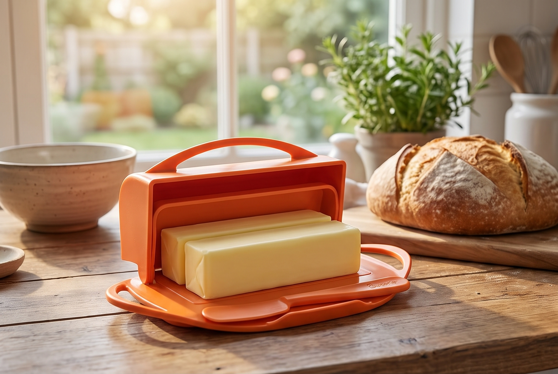Butterie Flip Top Butter Dish with Attached Lid & Matching Knife - Holds 2 Sticks, Fits Kerrygold/European Butter - BPA Free & Dishwasher Safe - Orange