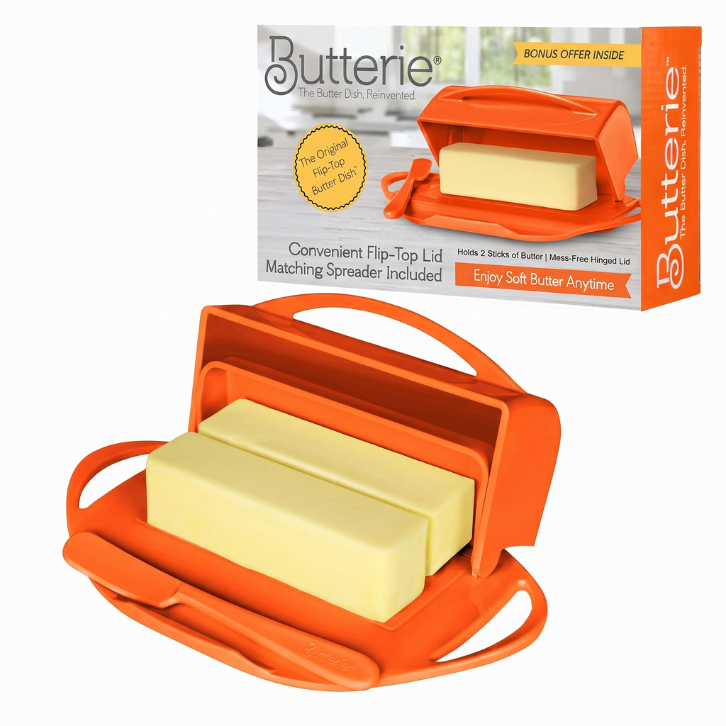 Butterie Flip Top Butter Dish with Attached Lid & Matching Knife - Holds 2 Sticks, Fits Kerrygold/European Butter - BPA Free & Dishwasher Safe - Orange