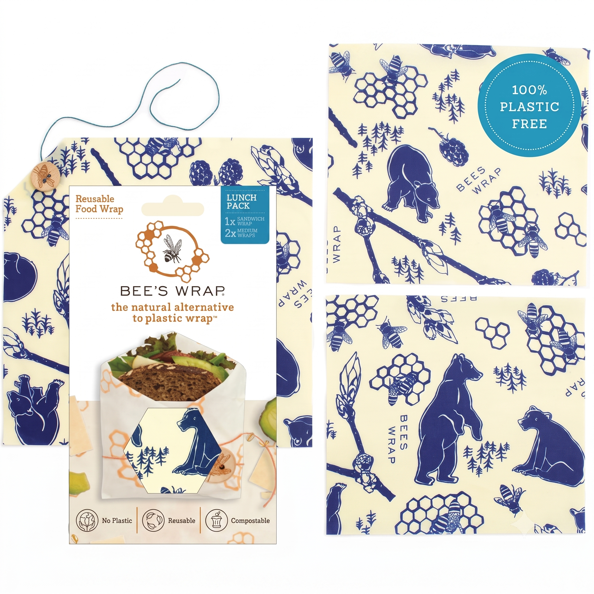 Bee's Wrap Beeswax Wraps for Food - 3 Pack of Assorted Beeswax Wraps - 2 Medium & Sandwich Wrap - Plastic Free Made in USA Reusable Natural Food Wrap - Bees & Bears