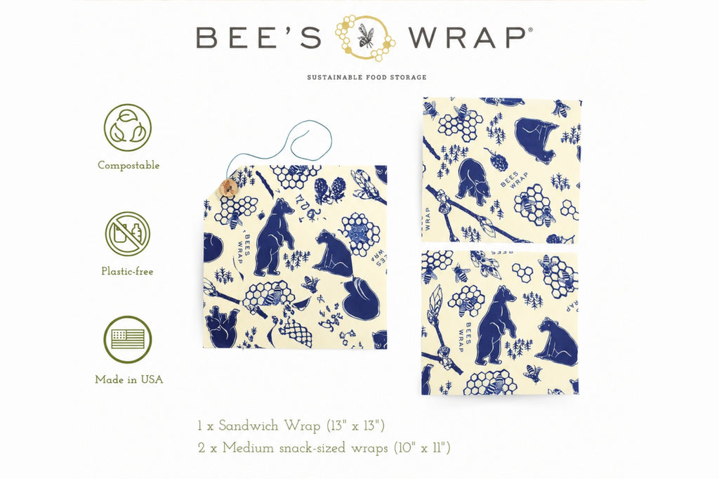 Bee's Wrap Beeswax Wraps for Food - 3 Pack of Assorted Beeswax Wraps - 2 Medium & Sandwich Wrap - Plastic Free Made in USA Reusable Natural Food Wrap - Bees & Bears