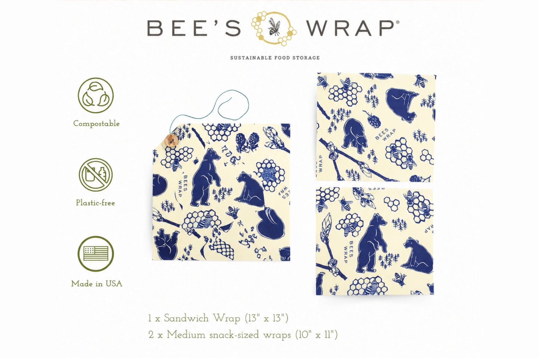 Bee's Wrap Beeswax Wraps for Food - 3 Pack of Assorted Beeswax Wraps - 2 Medium & Sandwich Wrap - Plastic Free Made in USA Reusable Natural Food Wrap - Bees & Bears