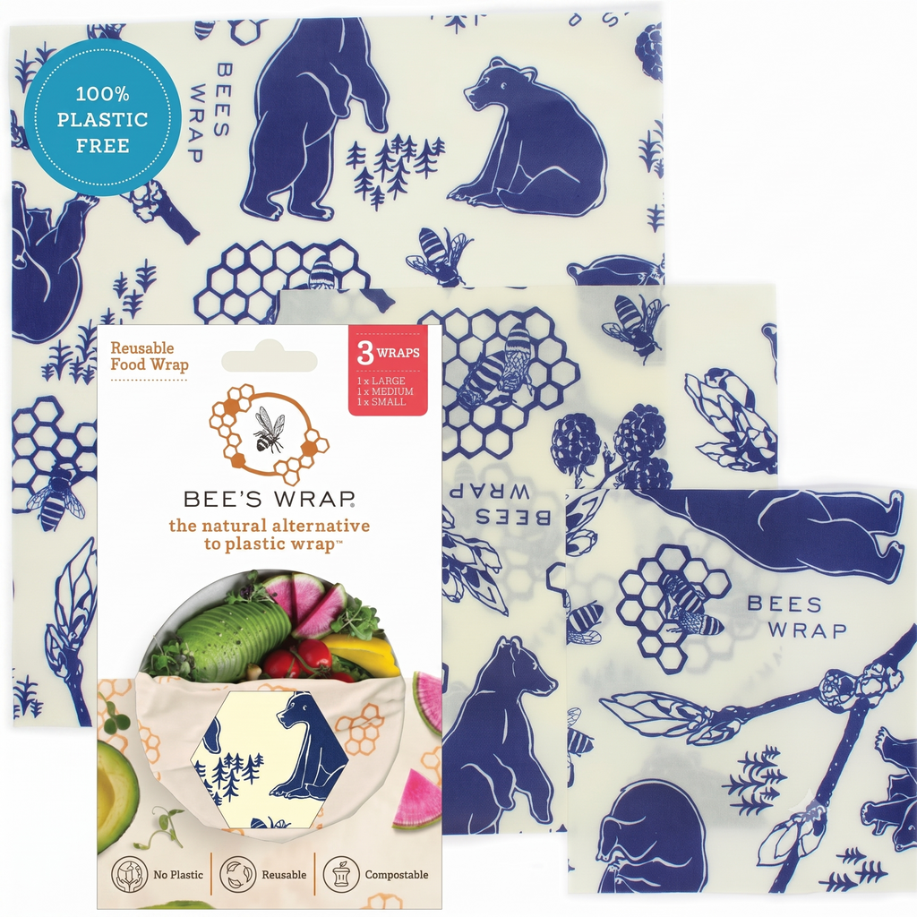 Bee's Wrap Beeswax Wraps for Food - 3 Pack of Assorted Beeswax Wraps - Small, Medium & Large Wrap - Plastic Free Made in USA Reusable Natural Food Wrap - Bees & Bears Print