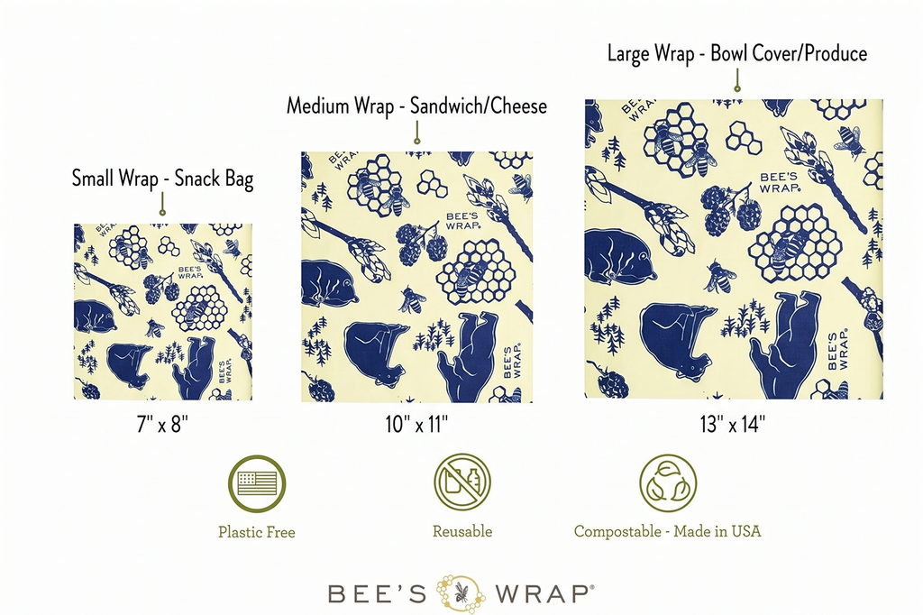 Bee's Wrap Beeswax Wraps for Food - 3 Pack of Assorted Beeswax Wraps - Small, Medium & Large Wrap - Plastic Free Made in USA Reusable Natural Food Wrap - Bees & Bears Print
