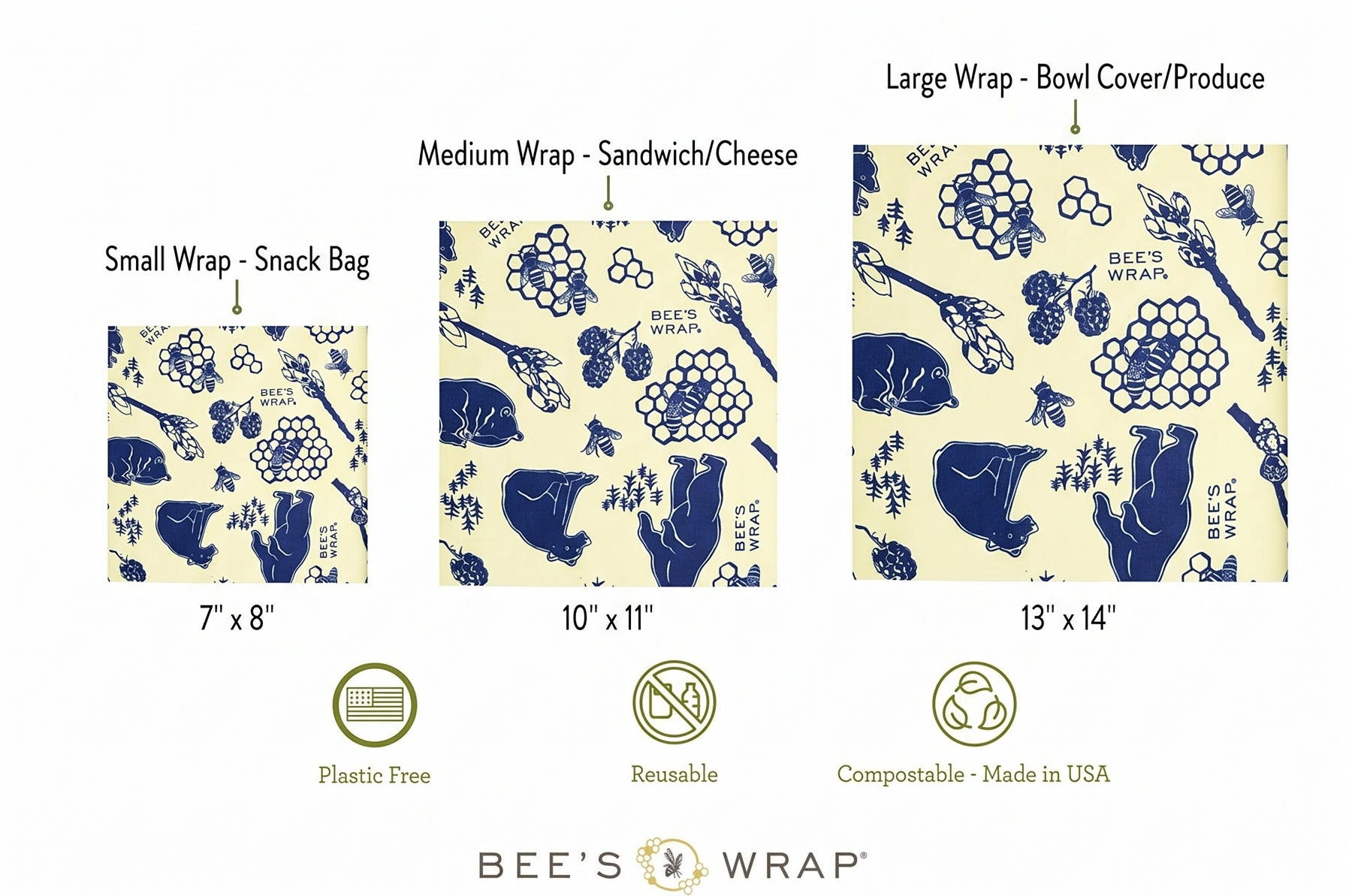 Bee's Wrap Beeswax Wraps for Food - 3 Pack of Assorted Beeswax Wraps - Small, Medium & Large Wrap - Plastic Free Made in USA Reusable Natural Food Wrap - Bees & Bears Print