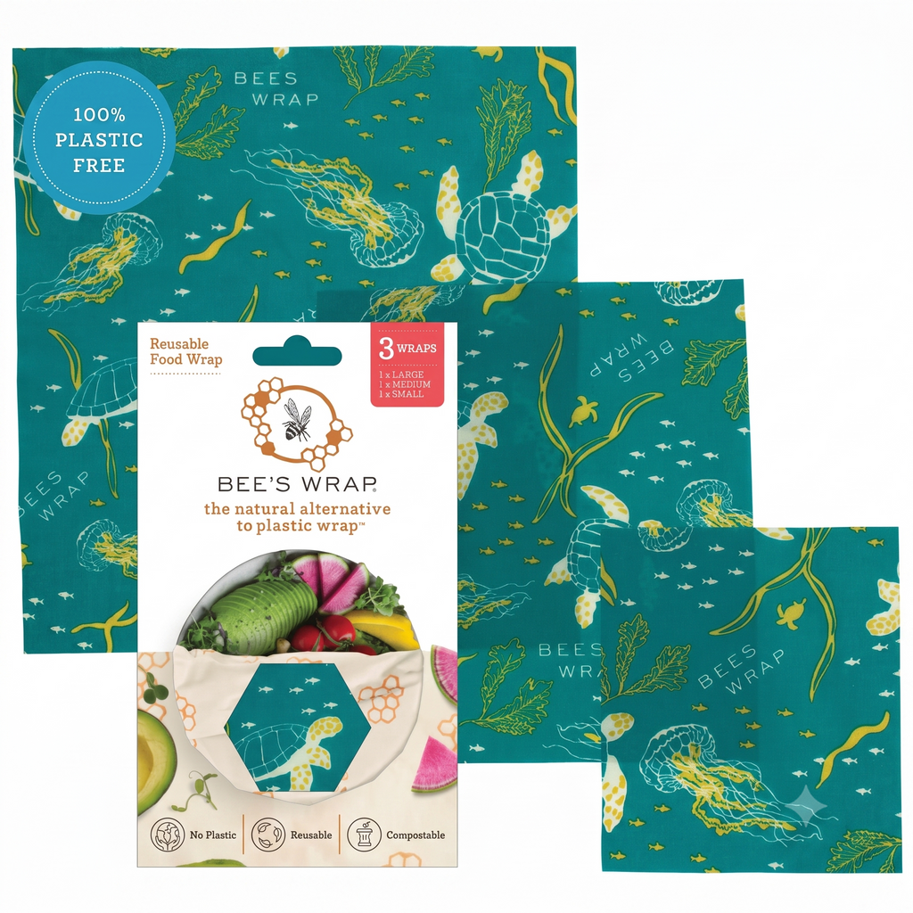 Bee's Wrap Beeswax Wraps for Food - 3 Pack of Assorted Beeswax Wraps - Small, Medium & Large Wrap - Plastic Free Made in USA Reusable Natural Food Wrap - Ocean Print