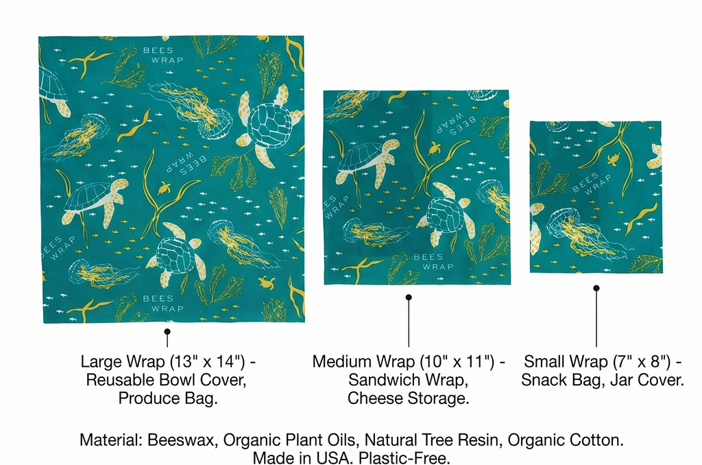 Bee's Wrap Beeswax Wraps for Food - 3 Pack of Assorted Beeswax Wraps - Small, Medium & Large Wrap - Plastic Free Made in USA Reusable Natural Food Wrap - Ocean Print