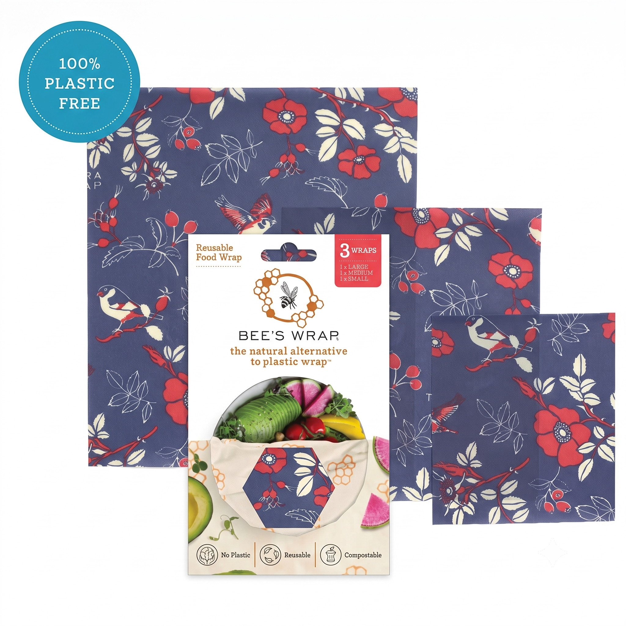 Bee's Wrap Beeswax Wraps for Food - 3 Pack of Assorted Beeswax Wraps - Small, Medium & Large Wrap - Plastic Free Made in USA Reusable Natural Food Wrap - Botanical Print