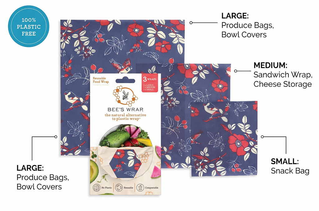 Bee's Wrap Beeswax Wraps for Food - 3 Pack of Assorted Beeswax Wraps - Small, Medium & Large Wrap - Plastic Free Made in USA Reusable Natural Food Wrap - Botanical Print