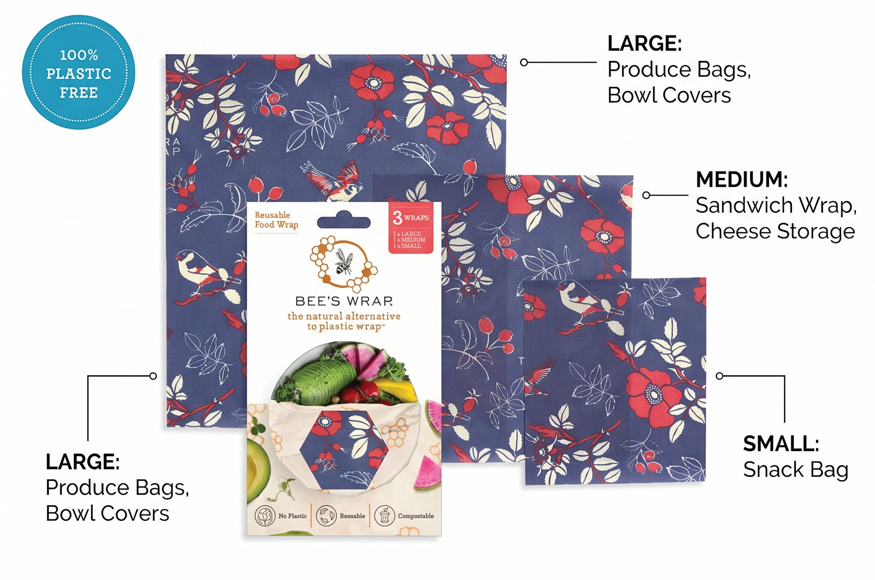 Bee's Wrap Beeswax Wraps for Food - 3 Pack of Assorted Beeswax Wraps - Small, Medium & Large Wrap - Plastic Free Made in USA Reusable Natural Food Wrap - Botanical Print