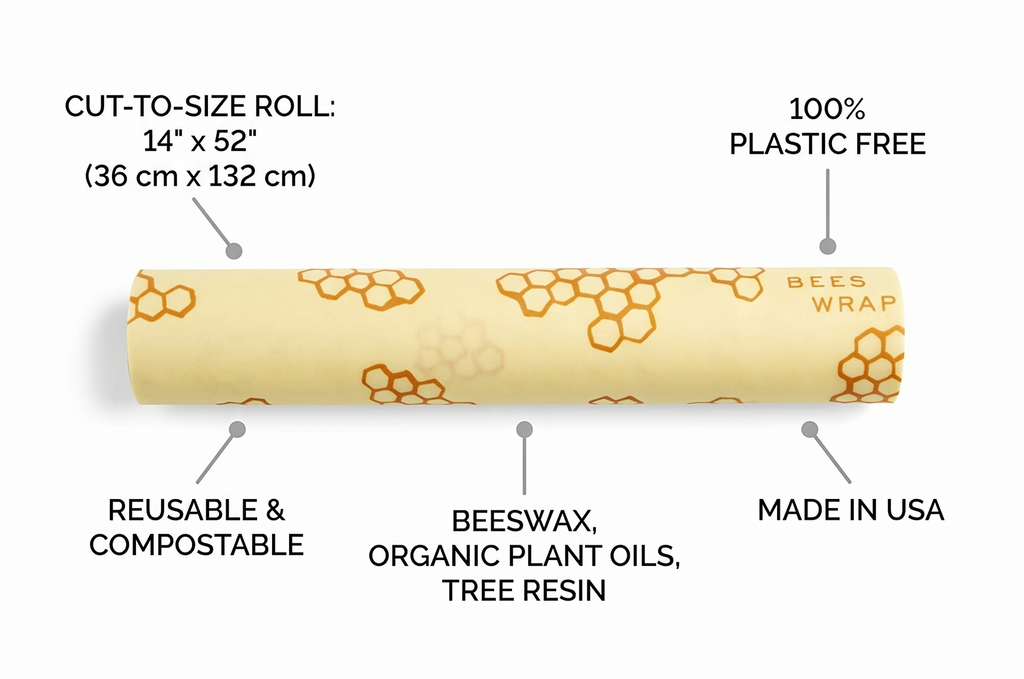Bee's Wrap Beeswax Wraps for Food - Cut to Size 14x52" Beeswax Wrap Roll - Plastic Free Made in USA Reusable Natural Food Wrap - Honeycomb