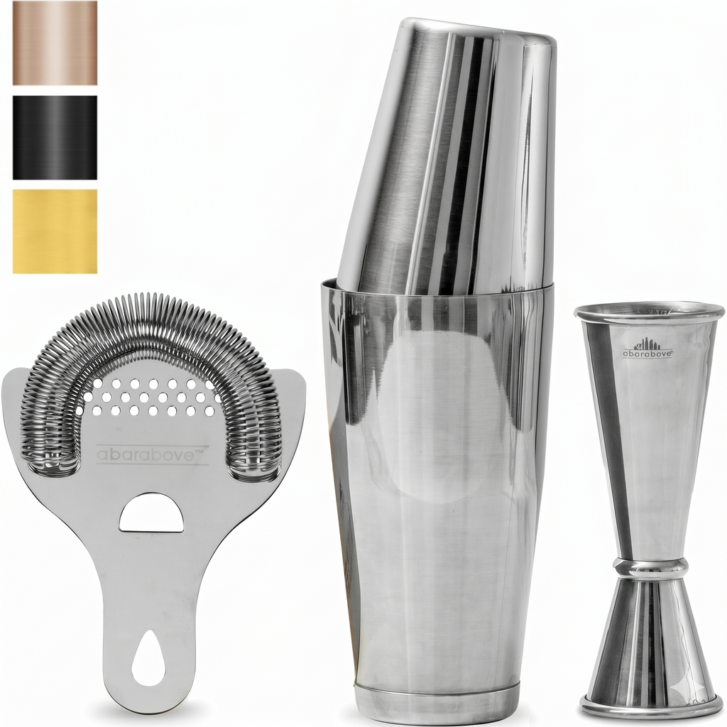 A Bar Above Cocktail Shaker Set, 4-Piece Professional Bartender Kit with Boston Shaker, Strainer and Jigger, Stainless Steel Bar Accessories for Craft Cocktails, Silver