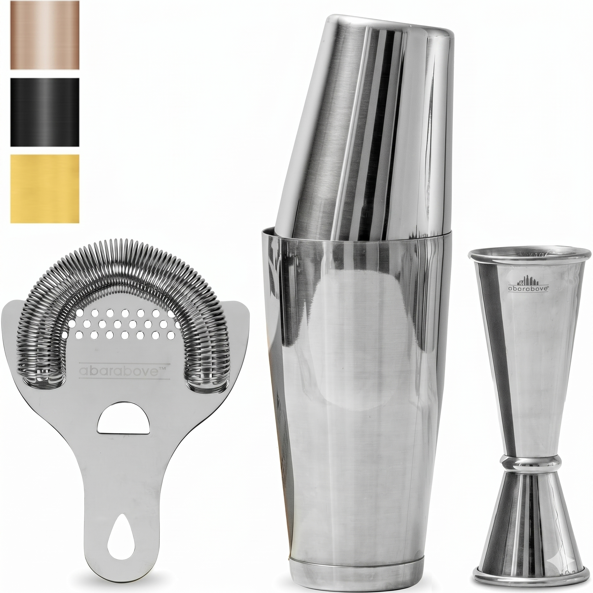 A Bar Above Cocktail Shaker Set, 4-Piece Professional Bartender Kit with Boston Shaker, Strainer and Jigger, Stainless Steel Bar Accessories for Craft Cocktails, Silver