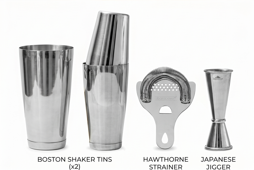 A Bar Above Cocktail Shaker Set, 4-Piece Professional Bartender Kit with Boston Shaker, Strainer and Jigger, Stainless Steel Bar Accessories for Craft Cocktails, Silver