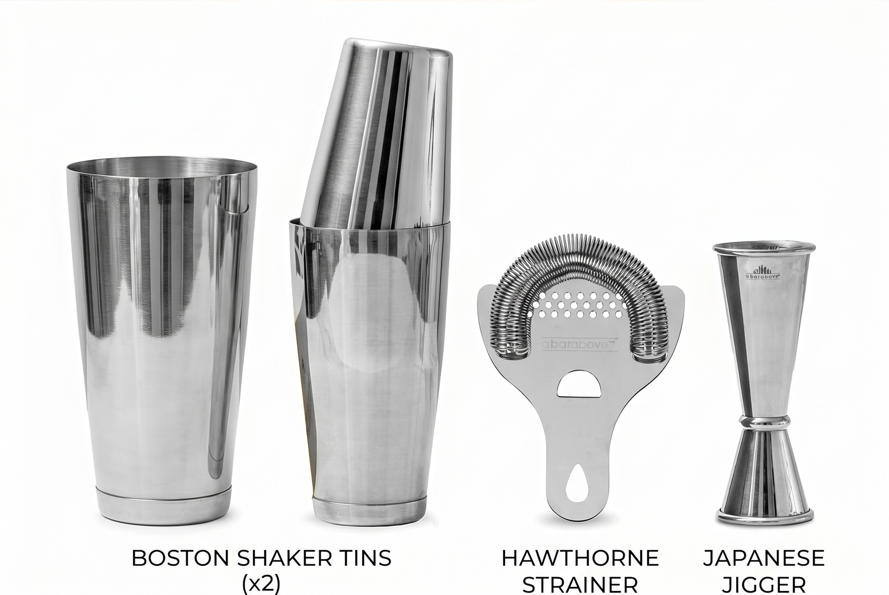 A Bar Above Cocktail Shaker Set, 4-Piece Professional Bartender Kit with Boston Shaker, Strainer and Jigger, Stainless Steel Bar Accessories for Craft Cocktails, Silver