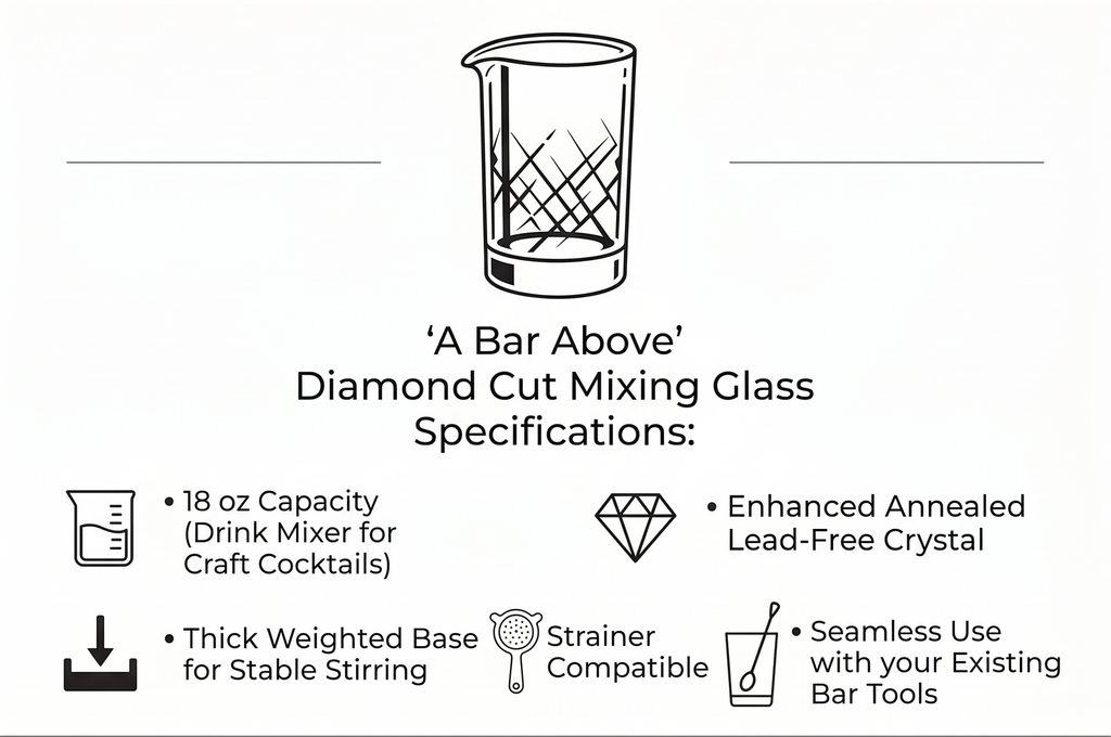 A Bar Above Cocktail Mixing Glass, Diamond Cut Enhanced Annealed Lead-Free Crystal Stirring Pitcher, Thick Weighted Base for Stable Stirring, 18 Oz Drink Mixer for Craft Cocktails at Home or Bars