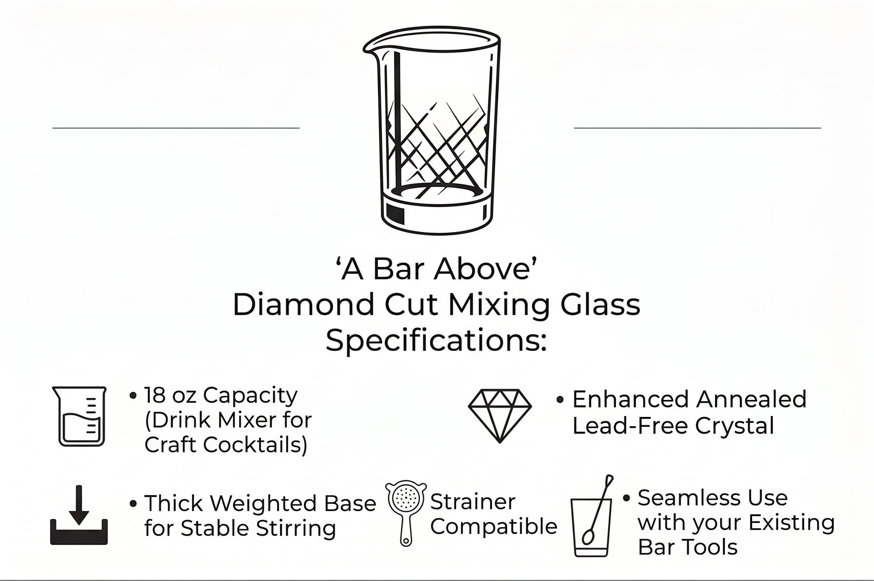 A Bar Above Cocktail Mixing Glass, Diamond Cut Enhanced Annealed Lead-Free Crystal Stirring Pitcher, Thick Weighted Base for Stable Stirring, 18 Oz Drink Mixer for Craft Cocktails at Home or Bars