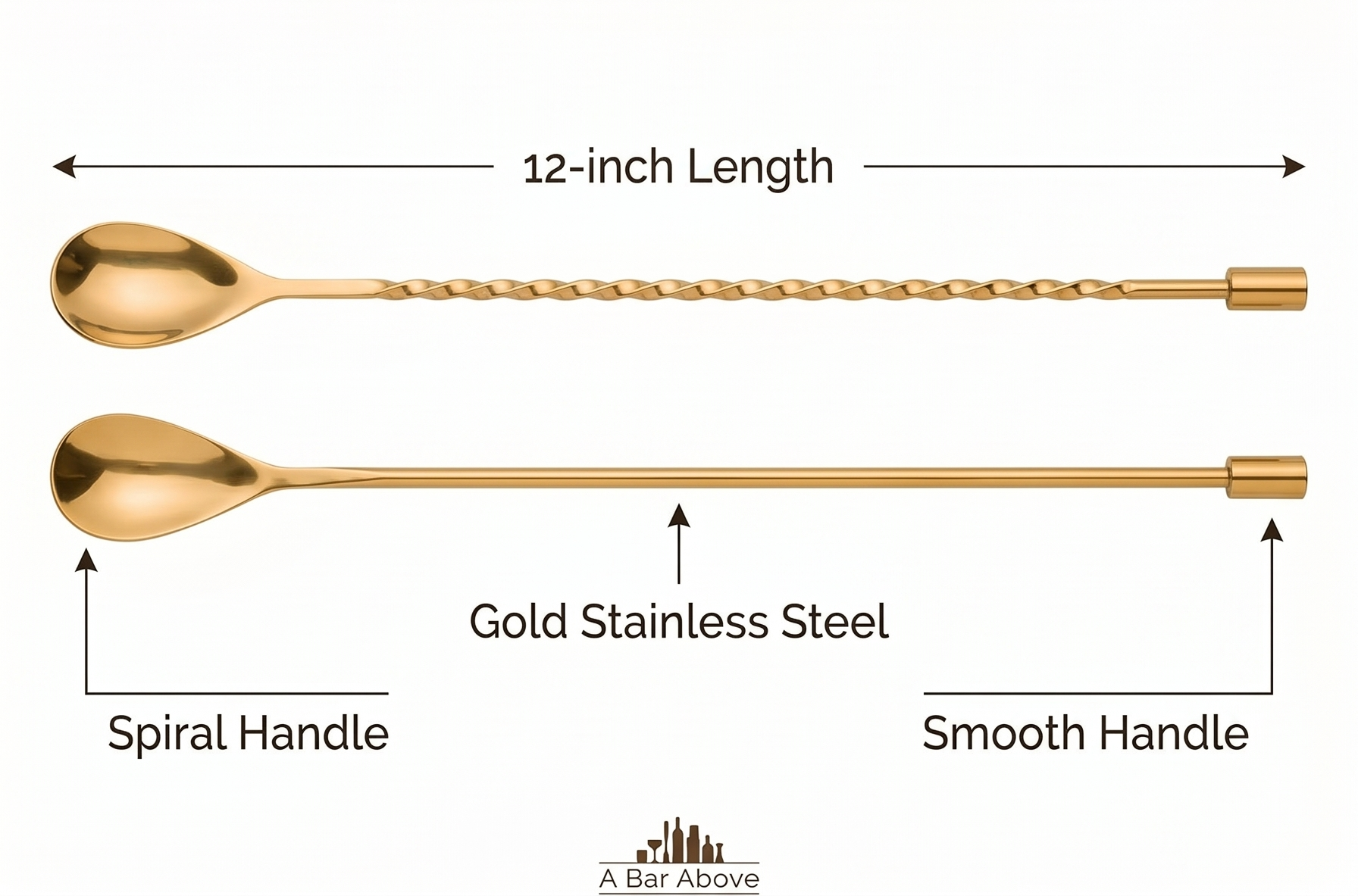 A Bar Above Bar Spoon Set, Spiral Handle, Stainless Steel Mixing Spoons for Cocktail Mixer Set, to Stir and Layer, Basic Professional or Home Bars Accessories (Gold, Smooth)