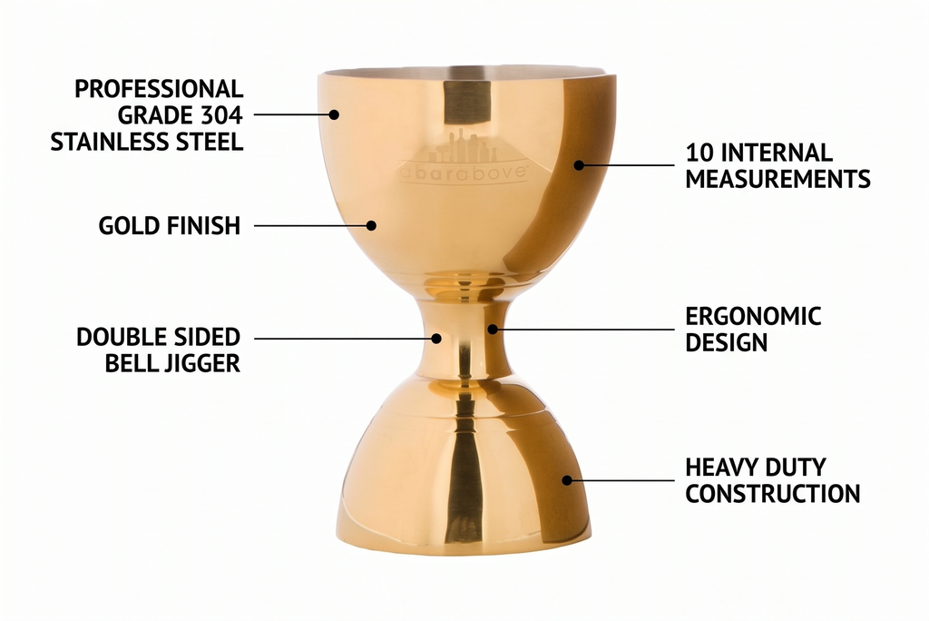 A Bar Above Premium Bell Jigger, 304 Stainless Steel Double Cocktail Jigger with 10 Internal Measurements, Heavy Duty Professional Bar Tool for Bartending, Gold Finish, Ergonomic Design, 1 Pack