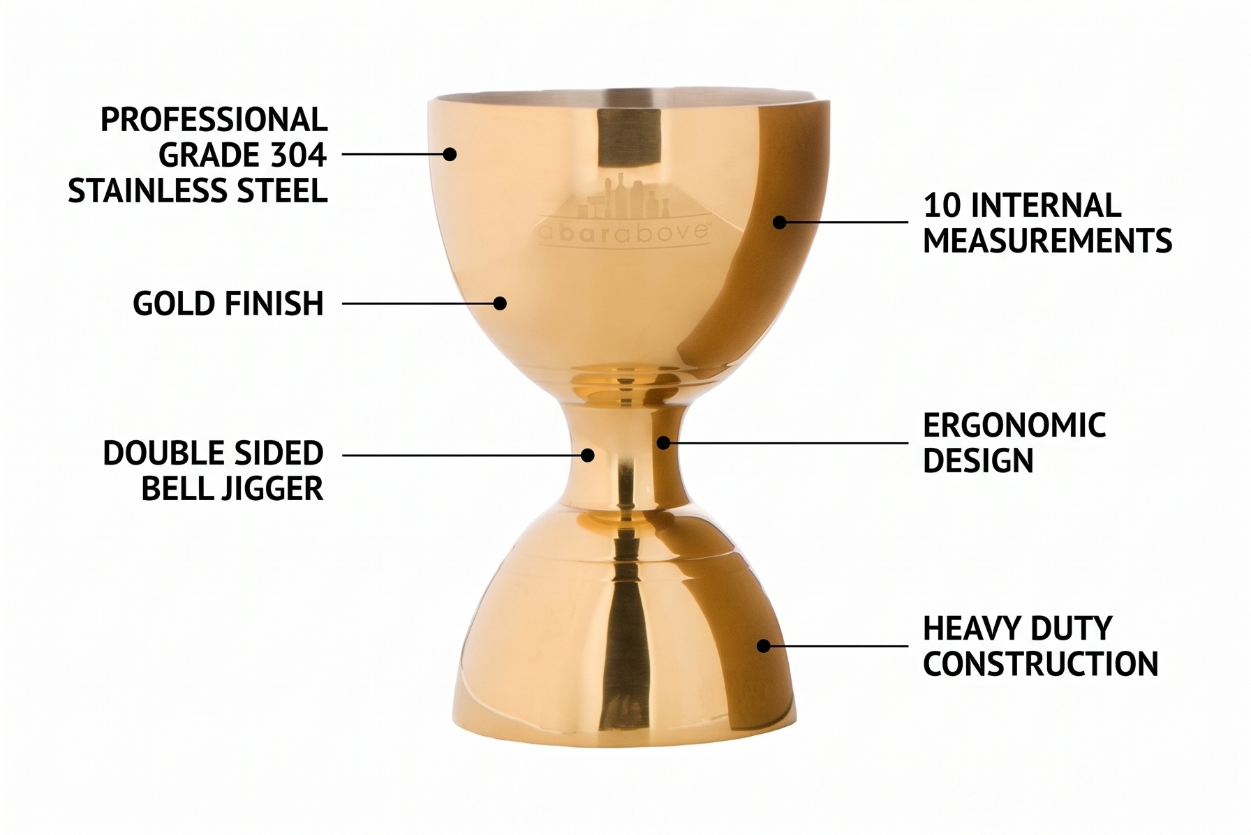 A Bar Above Premium Bell Jigger, 304 Stainless Steel Double Cocktail Jigger with 10 Internal Measurements, Heavy Duty Professional Bar Tool for Bartending, Gold Finish, Ergonomic Design, 1 Pack