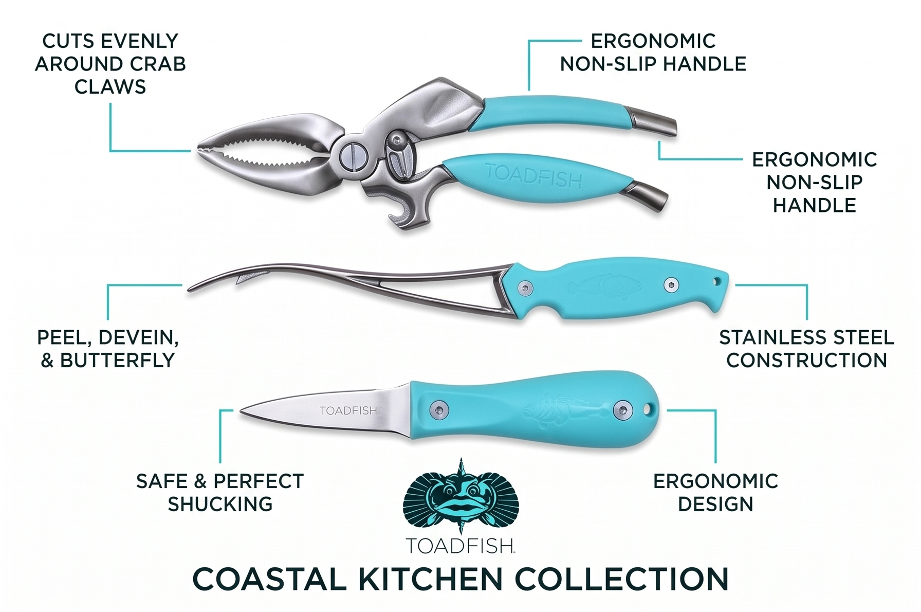 Toadfish Coastal Kitchen Collection - Includes Crab Cracker, Shrimp Deveiner, and Oyster Knife Outfitters