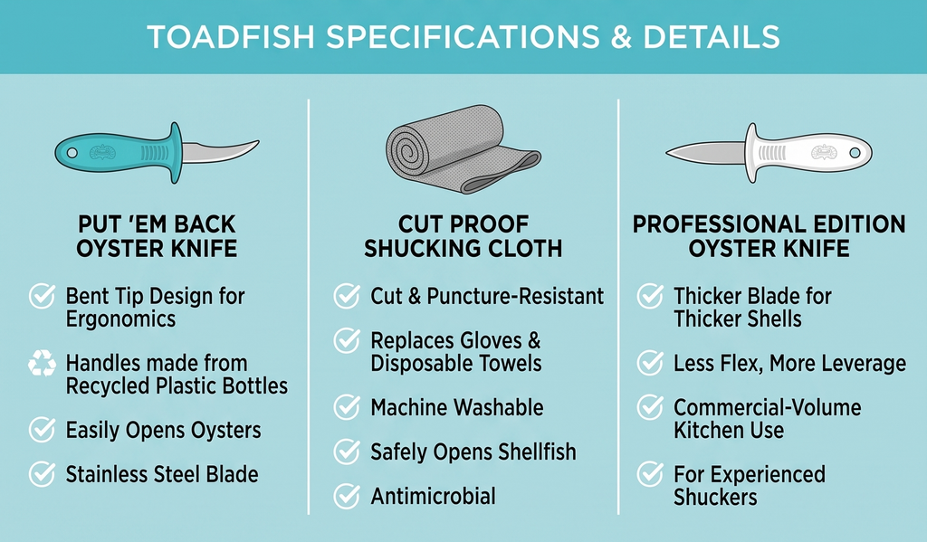 Toadfish Oyster Shucker's Bundle, Oyster Knife Shucker Set - Oyster Shucking Knives & Cut-Resistant Shucking Cloth, Seafood Opener Kit Tools Gift