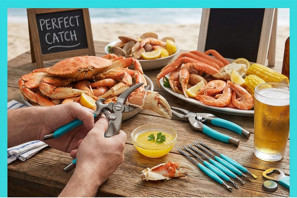 Toadfish Crab & Lobster Seafood Tool Set - 2 Shell Crackers With Cutters & 4 Multi-Use Forks - Non-Slip Grips - Stainless Steel - Built-In Bottle Opener - Makes A Beautiful Gift