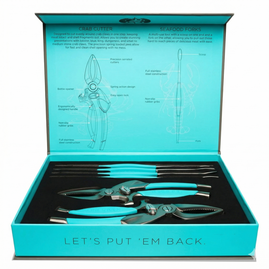 Toadfish Crab & Lobster Seafood Tool Set - 2 Shell Crackers With Cutters & 4 Multi-Use Forks - Non-Slip Grips - Stainless Steel - Built-In Bottle Opener - Makes A Beautiful Gift