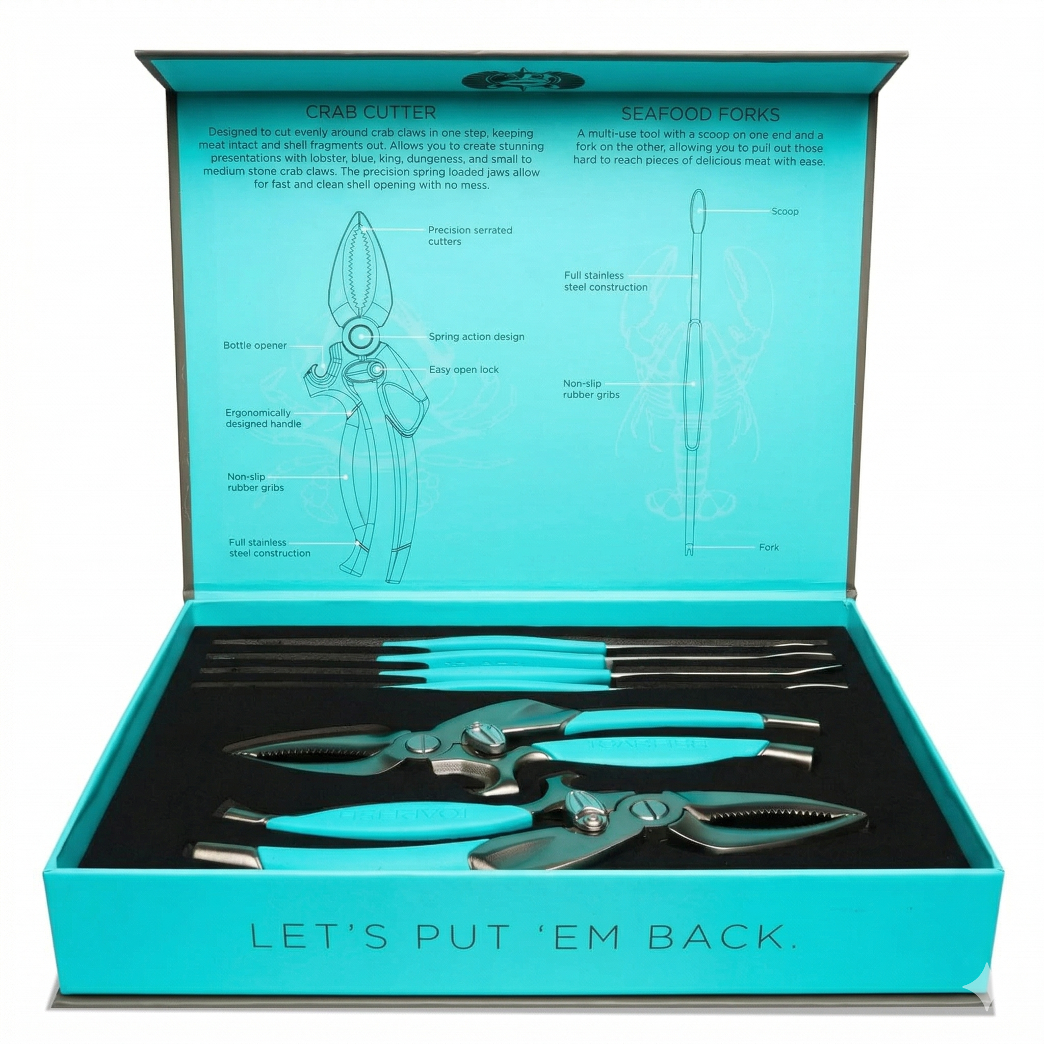 Toadfish Crab & Lobster Seafood Tool Set - 2 Shell Crackers With Cutters & 4 Multi-Use Forks - Non-Slip Grips - Stainless Steel - Built-In Bottle Opener - Makes A Beautiful Gift