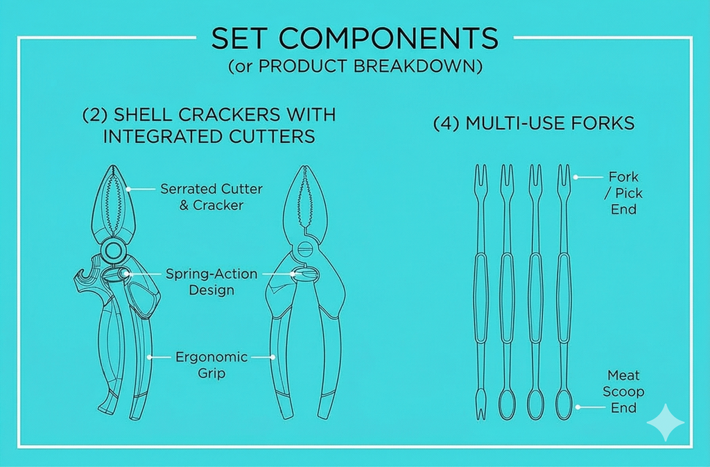 Toadfish Crab & Lobster Seafood Tool Set - 2 Shell Crackers With Cutters & 4 Multi-Use Forks - Non-Slip Grips - Stainless Steel - Built-In Bottle Opener - Makes A Beautiful Gift