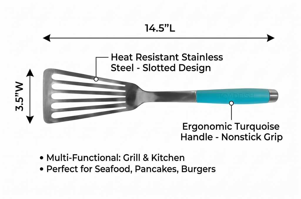 Toadfish 14.5'' Ultimate Nonstick Fish Spatula, Stainless Steel Metal Spatula, Slotted Turner Perfect for Cooking Seafood on the Grill or Kitchen