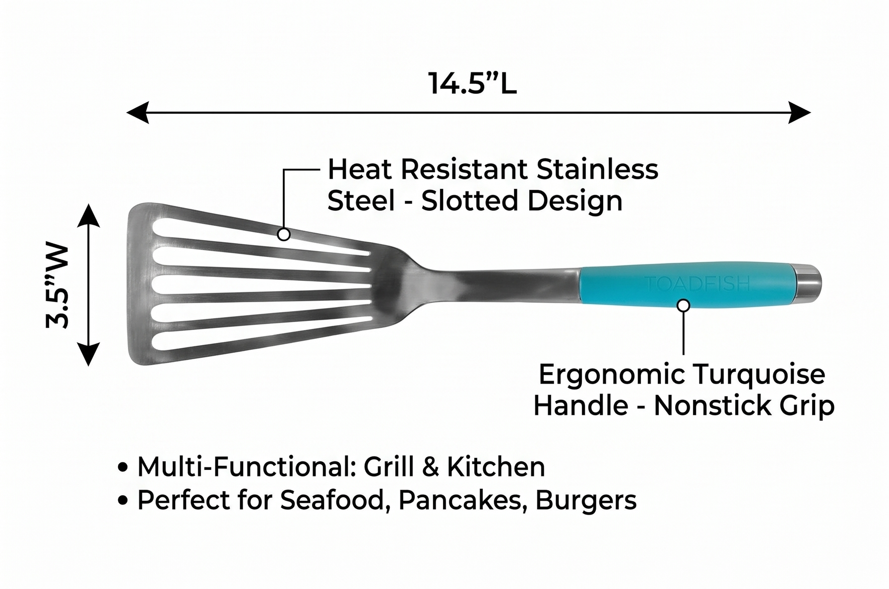 Toadfish 14.5'' Ultimate Nonstick Fish Spatula, Stainless Steel Metal Spatula, Slotted Turner Perfect for Cooking Seafood on the Grill or Kitchen