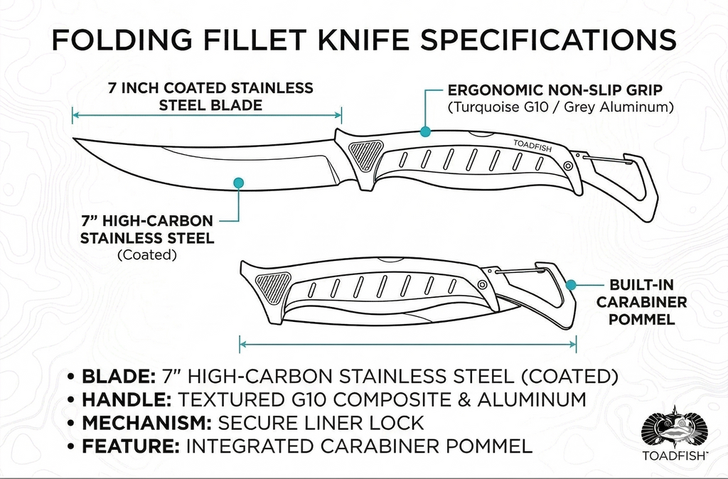Toadfish Stowaway Folding Filet Knife with Built in Carabiner -7inch