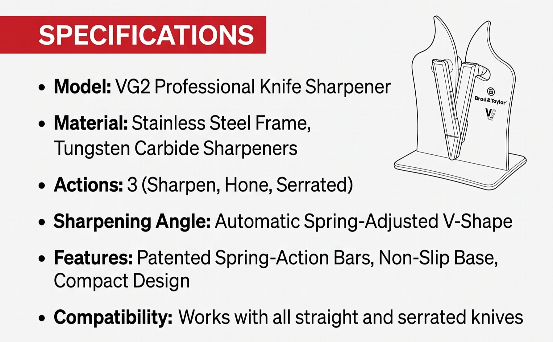 Brod & Taylor VG2 Professional Knife Sharpener | 3-Action Tungsten Carbide (Stainless Steel)
