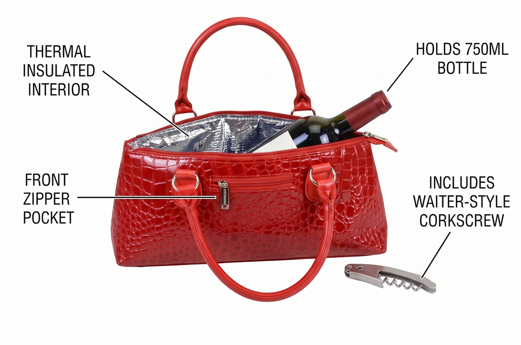 Primeware Wine Clutch Bag (Thermal Insulated) Trendy Women’s Carry Tote | Holds Red & White 750mL Bottles | Trendy Fashion | Incl. Portable Waiter-Style Corkscrew
