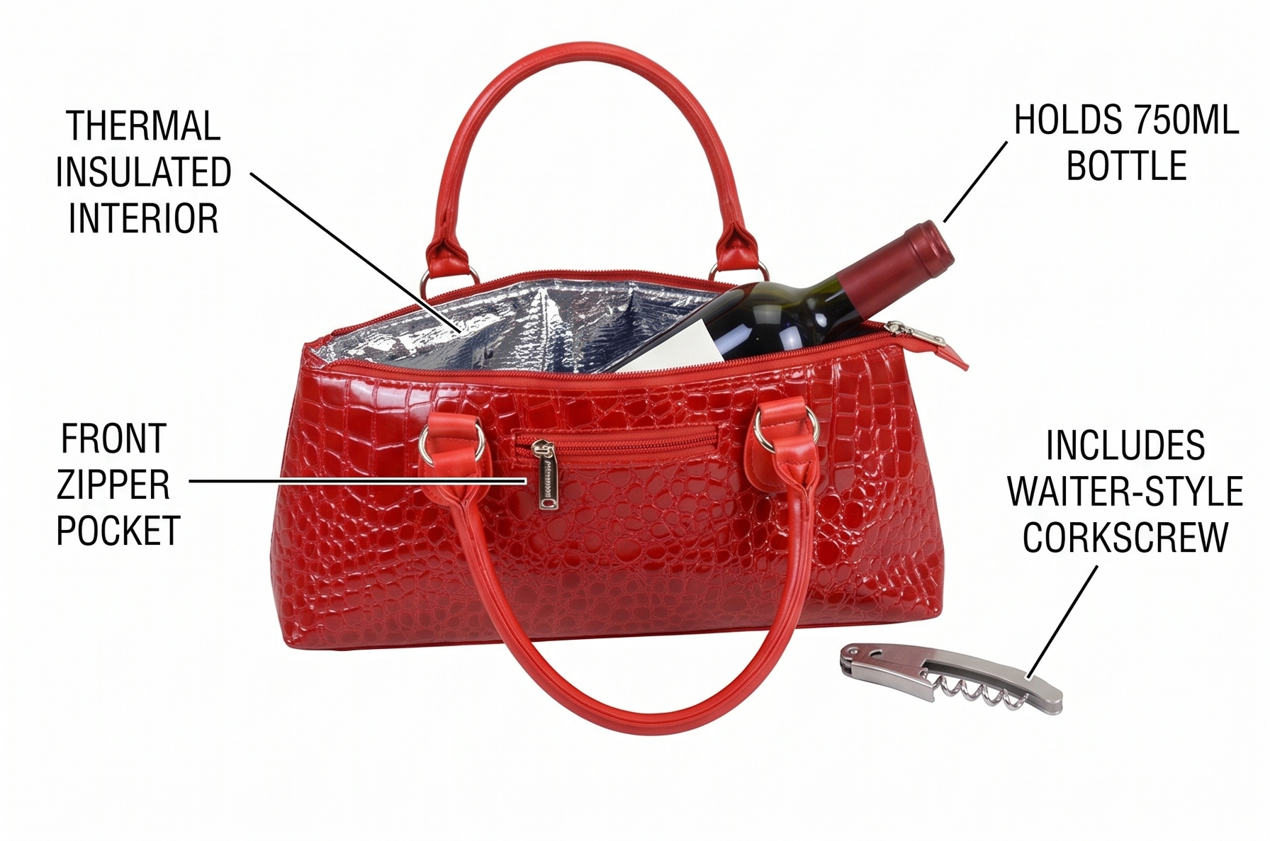 Primeware Wine Clutch Bag (Thermal Insulated) Trendy Women’s Carry Tote | Holds Red & White 750mL Bottles | Trendy Fashion | Incl. Portable Waiter-Style Corkscrew