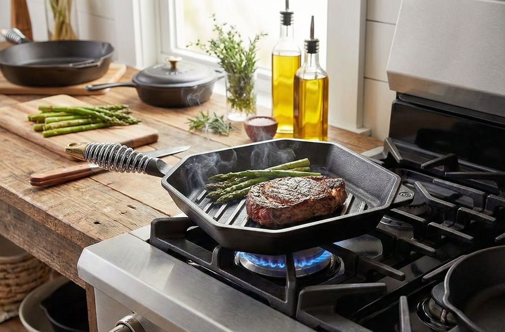 FINEX 10" Cast Iron Grill Pan - Grill Pans with Superior Heat Distribution - Near Non-Stick for Easy Cleaning - Cast Iron Grill Pan - For Indoor & Outdoor Grilling - Pre-Seasoned with Flaxseed Oil