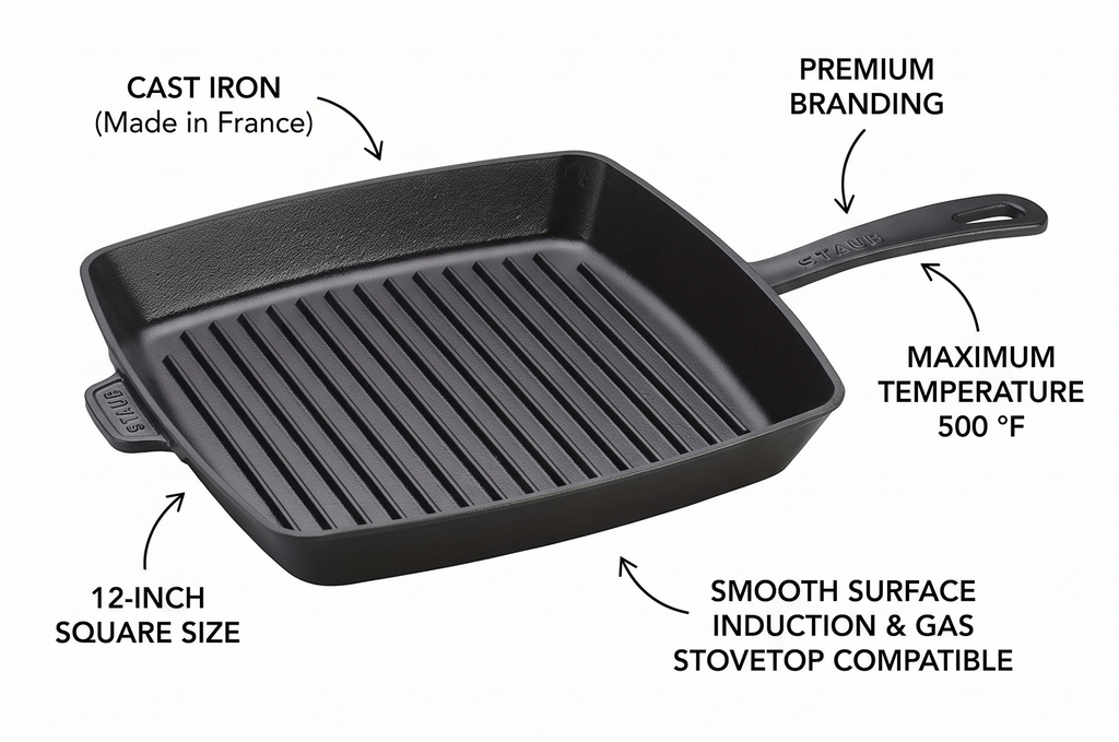 Staub Cast Iron 12-inch Square Grill Pan - Matte Black, Made in France
