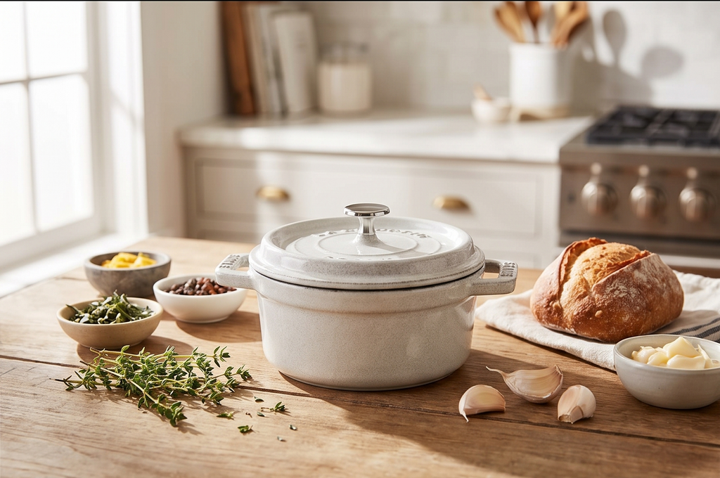 Staub Cast Iron .25-qt Mini Round Cocotte - White Truffle, Made in France