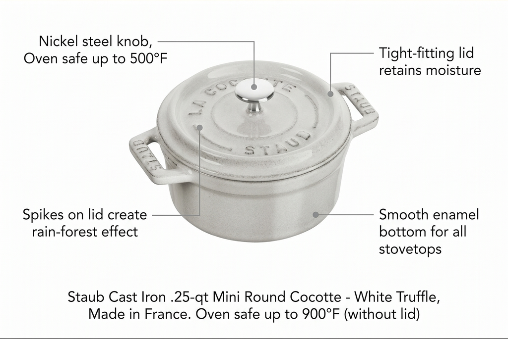 Staub Cast Iron .25-qt Mini Round Cocotte - White Truffle, Made in France