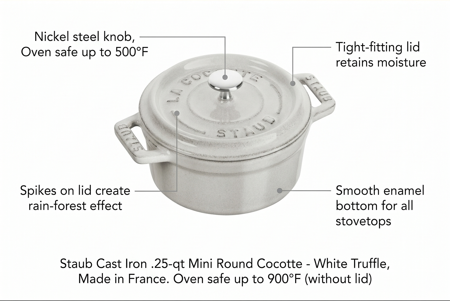 Staub Cast Iron .25-qt Mini Round Cocotte - White Truffle, Made in France