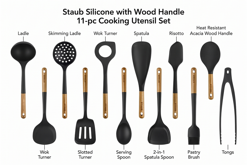 Staub Silicone with Wood Handle 11-pc Cooking Utensil Set