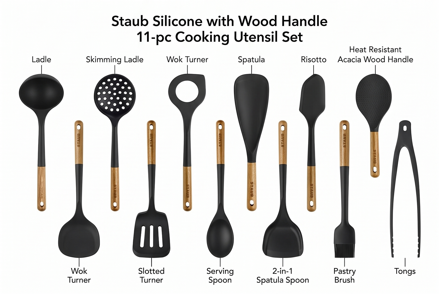 Staub Silicone with Wood Handle 11-pc Cooking Utensil Set
