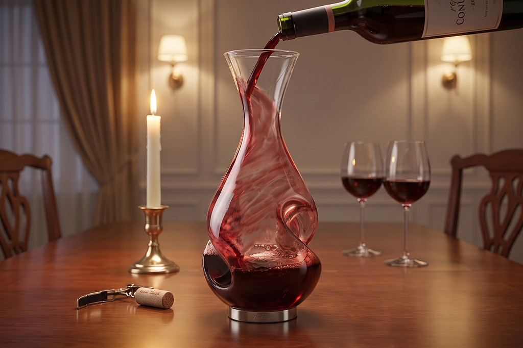 Final Touch L'Grand Conundrum Aerator Wine Decanter | Full Bottle - 25.4 Oz. | Hand Blown, Lead-Free Crystal Clear Quality Glass | Unique Elegant Design Wine Carafe With Stainless Steel Base (WDA650)