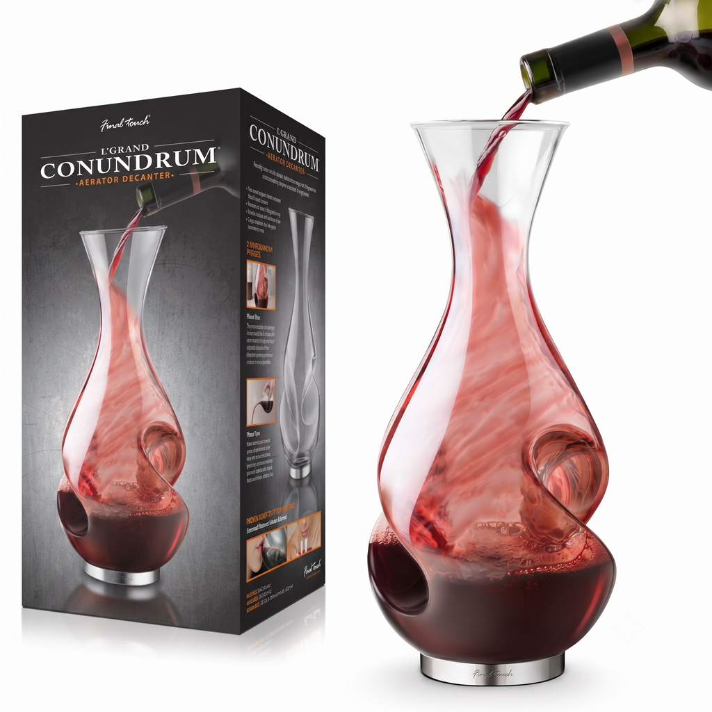 Final Touch L'Grand Conundrum Aerator Wine Decanter | Full Bottle - 25.4 Oz. | Hand Blown, Lead-Free Crystal Clear Quality Glass | Unique Elegant Design Wine Carafe With Stainless Steel Base (WDA650)