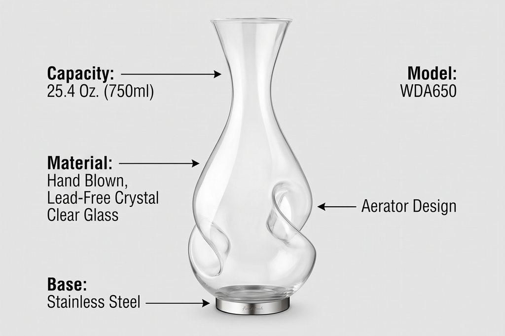 Final Touch L'Grand Conundrum Aerator Wine Decanter | Full Bottle - 25.4 Oz. | Hand Blown, Lead-Free Crystal Clear Quality Glass | Unique Elegant Design Wine Carafe With Stainless Steel Base (WDA650)