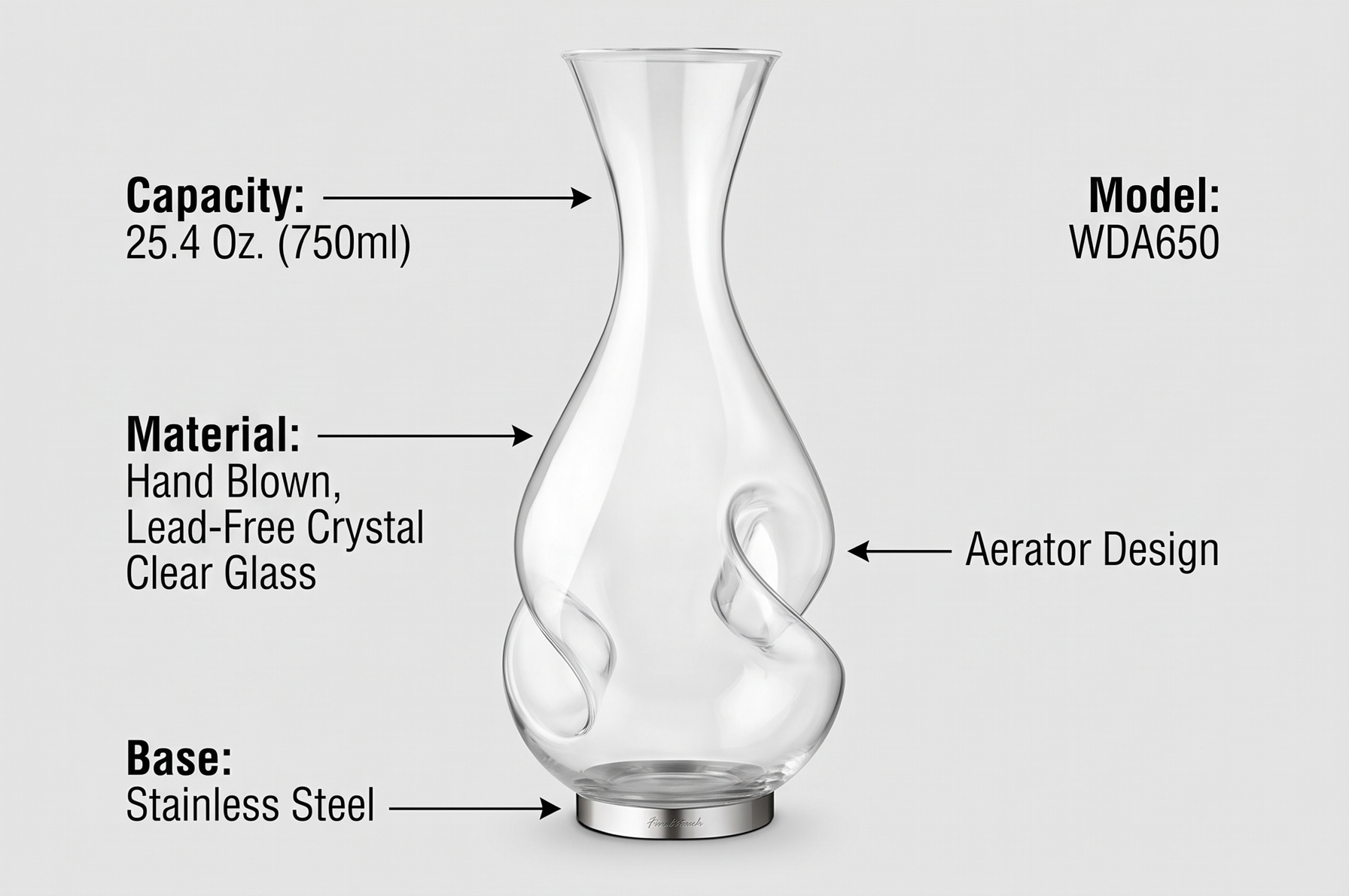 Final Touch L'Grand Conundrum Aerator Wine Decanter | Full Bottle - 25.4 Oz. | Hand Blown, Lead-Free Crystal Clear Quality Glass | Unique Elegant Design Wine Carafe With Stainless Steel Base (WDA650)