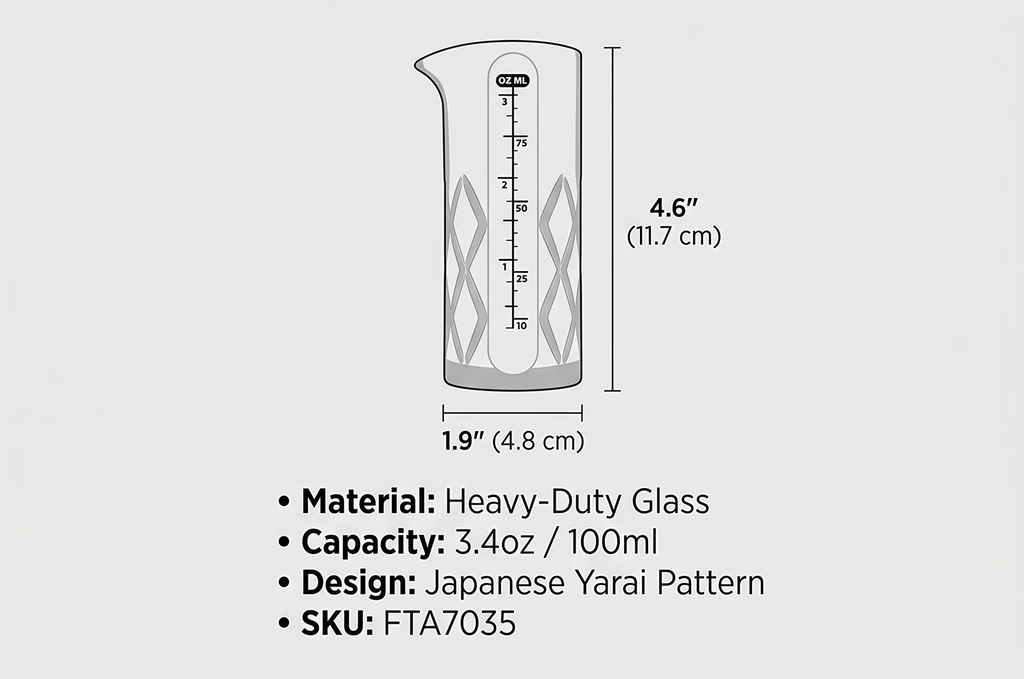 Final Touch Yarai Jigger - Precision Cocktail Mixing Tool with Spout for Drip-Free Pouring - Heavy-Duty Glass Construction - Classic Japanese Design - 3.4oz / 100ml Capacity (FTA7035)