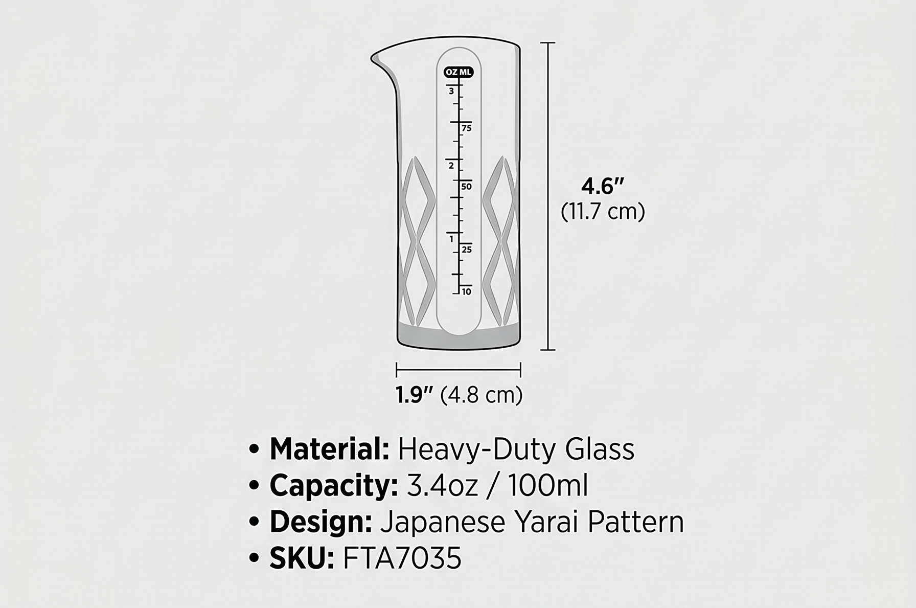 Final Touch Yarai Jigger - Precision Cocktail Mixing Tool with Spout for Drip-Free Pouring - Heavy-Duty Glass Construction - Classic Japanese Design - 3.4oz / 100ml Capacity (FTA7035)
