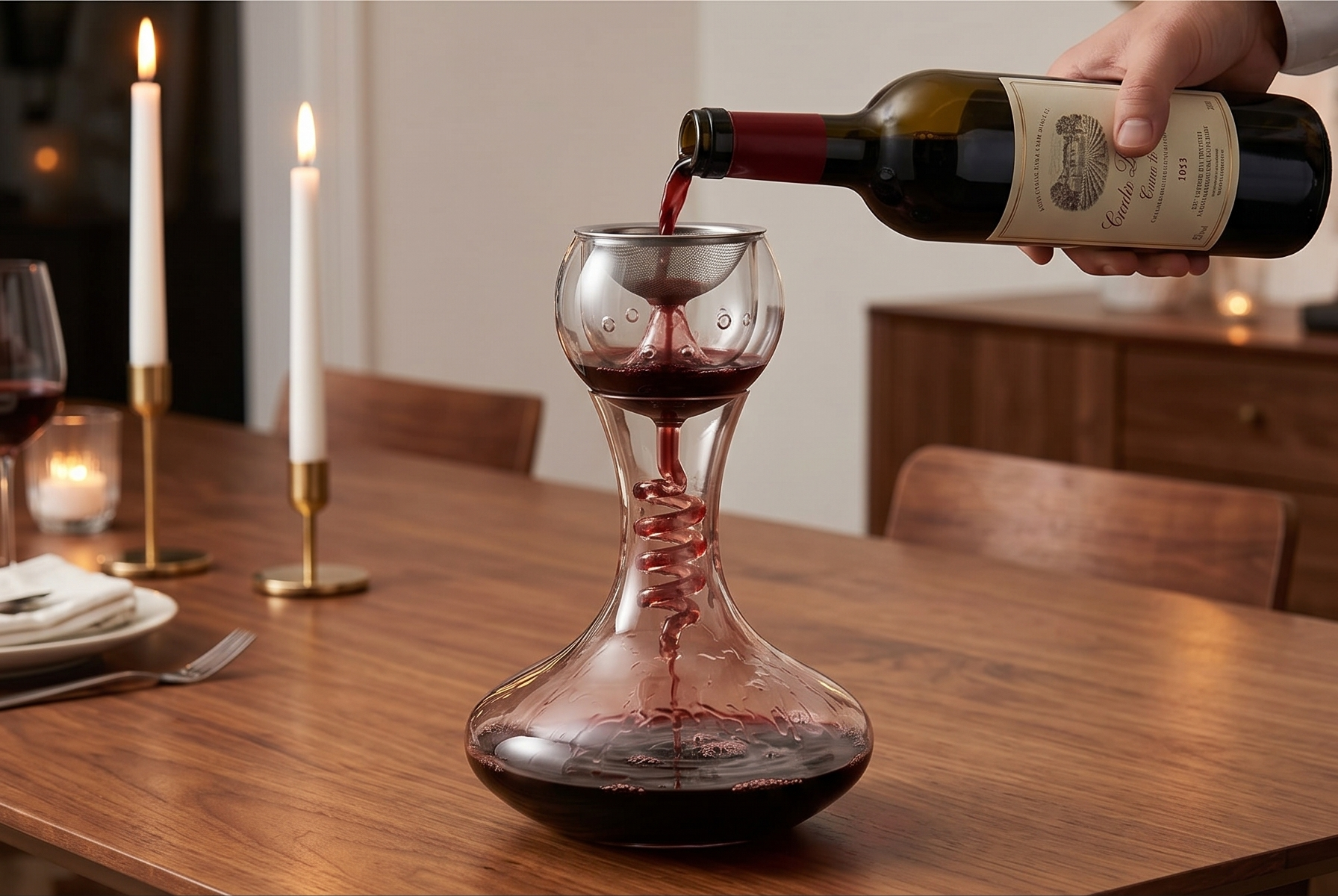 Final Touch Glass Twister Aerator Decanter - Wine Oxygenation System, 3 Phase Aeration, Stainless Steel Filter, Globe Design, Adapter & Stand (WDA918)